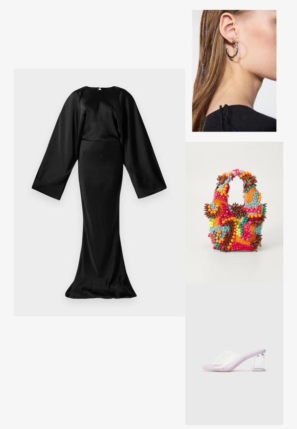 Črna satenasta dolga obleka z širokimi krili in oprijetim krilom v stilu sirene na belem ozadju.; Lila sandala na visokom potplatu s prozirnim plastičnim gornjim dijelom i prozirnim blok petom. Glatka tekstura, otvoreni dizajn prstiju, minimalistički oblik.; Beaded torbica z živahnimi barvami: roza, oranžna, modra in rjava. Teksturna površina s krožnimi biseri in organskimi oblikami, trdni ročaji.; Srebrna obročasta uhana s polirano površino, ki vključuje majhne zlate poudarke in okroglo obliko, nošena na ušesnem lobu.