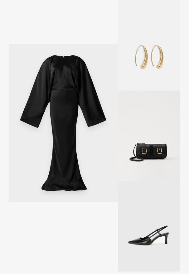 Crna saten haljina dugih rukava s širokim batwing rukavima i prianjajućim suknjom u stilu sirene na bijeloj pozadini.; Crne lakirane slingback pete s oštrim vrhom, s teksturiranim uzorkom zmijske kože, podesivom remenom i kratkom, teksturiranom blok-petom.; Crna kožna torba preko ramena s dva prednja džepa, zlatnim kopčama, zatvaranjem na zip i uskim remenom. Teksturirana površina i kompaktan pravokutan oblik.; Zlatne metalne naušnice u obliku obruča s zakrivljenim, izduženim oblikom. Imaju glatku, sjajnu površinu i zaobljeni vrh za dodatni detalj.