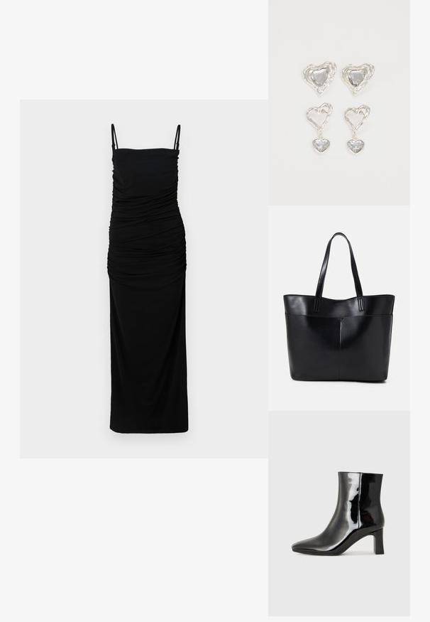 Vestido maxi preto com franzidos, alças finas e silhueta ajustada. Feito de um tecido suave e liso com um leve stretch para conforto.; Botim de tornozelo em pele sintética preta com bico apontado e salto bloco de altura média. Textura suave e design minimalista.; Bolsa tote preta em couro com duas alças longas, textura suave e forma estruturada. Apresenta um bolso frontal para armazenamento adicional.; Os brincos em forma de coração prateados apresentam pedras claras facetadas, com uma moldura texturizada. O conjunto inclui estilos de botão e de gota.