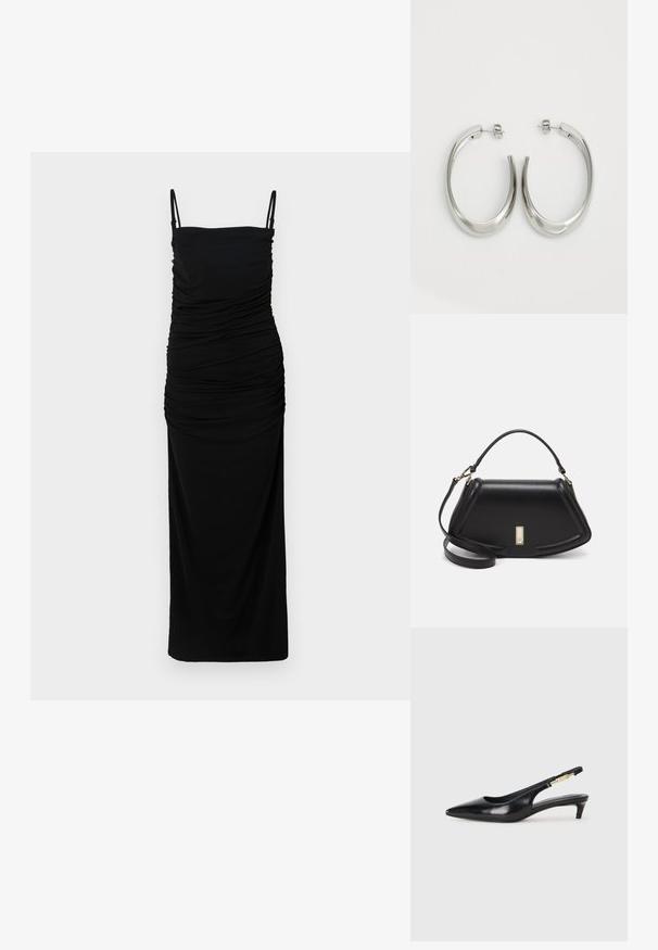 Abito maxi nero arricciato con spalline sottili e silhouette aderente. Realizzato in tessuto morbido e liscio con un leggero elastico per il comfort.; Tacchi slingback in pelle nera con punta affusolata, caratterizzati da un tacco alto e un accento dorato sulla cinghia regolabile. Texture liscia.; Borsa a mano in pelle nera con un design strutturato, caratterizzata da una forma corta, manico superiore e accessori in metallo dorato. Inclusa tracolla regolabile.; Orecchini a cerchio argentati con un design liscio e curvo. Presentano una finitura metallica lucida e una chiusura a perno. Nessun motivo o accentuazione visibile.