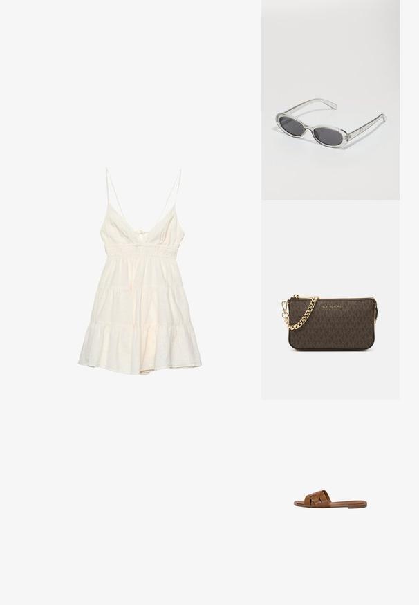 Jasna kremowa sukienka w stylu letnim z cienkimi ramiączkami, głębokim dekoltem w szpic, marszczonym paskiem w talii i warstwowym, falbaniastym dołem. Wykonana z teksturowanej mieszanki bawełny.; Brązowe skórzane klapki z krzyżującymi się paskami, płaską podeszwą i gładką fakturą. Prosty design bez ozdób czy wzorów.; Okulary przeciwsłoneczne w owalnym kształcie, z przezroczystą plastikową oprawą, ciemnoszarymi soczewkami oraz cienkimi przezroczystymi ramionami z akcentami logo i minimalnymi detalami.; Brązowa skórzana torebka na ramię z wzorem logo, złotym łańcuszkiem na pasku, zapięciem na zamek błyskawiczny oraz złotymi akcentami. Kompaktowy i prostokątny kształt.