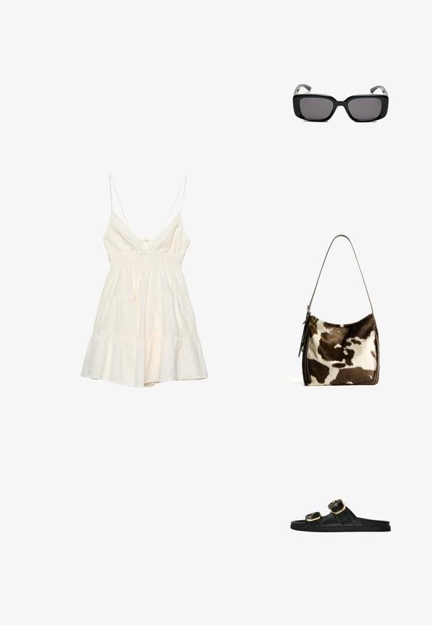 Abito estivo chiaro in crema con sottili spalline, scollatura a V profonda, vita arricciata e gonna a strati con volants. Realizzato in un tessuto di cotone testurizzato.; Infradito neri con due accenti di fibbia dorata, materiale dalla texture liscia, suola piatta e design minimalista.; Occhiali da sole neri rettangolari con lenti scure, montatura in plastica liscia e tempie curve. Il design è voluminoso con un'estetica minimalista.; Borsa a spalla in pelle bovina marrone e crema con tracolla in pelle liscia, chiusura con zip e superficie morbida e testurizzata con un motivo naturale.