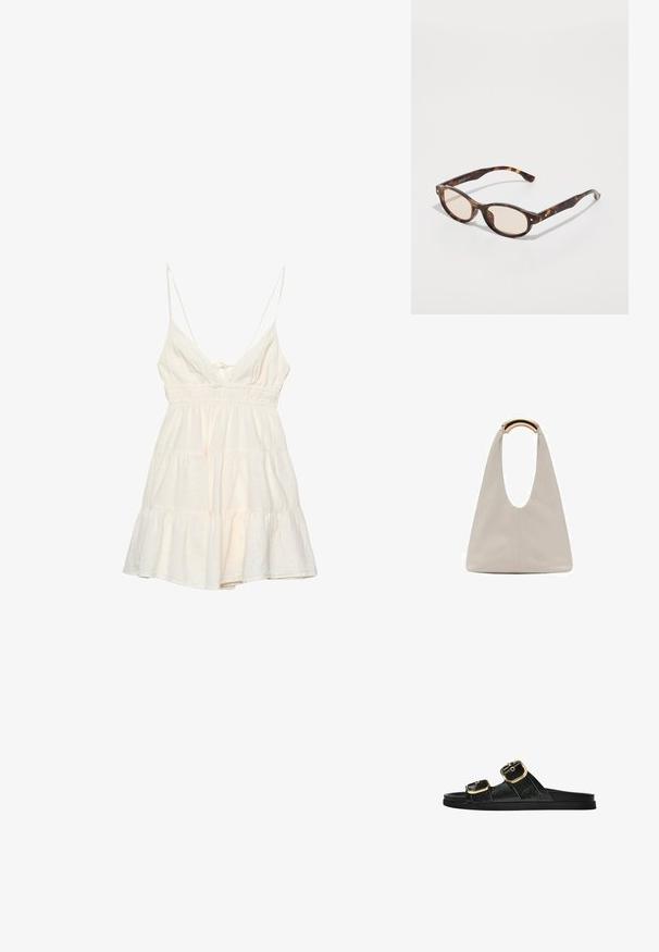 Helles Cremekleid mit dünnen Spaghetti-Trägern, tiefem V-Ausschnitt, gerafftem Taillenbereich und gestuftem Rüschensaum. Aus einem strukturierten Baumwollgemisch gefertigt.; Schwarze Riemensandale mit zwei goldenen Schnallendetails, glattem Material, flachem Sohlen und minimalistischer Gestaltung.; Schildkrötenmuster Sonnenbrille mit runder Form und leichten Gläsern. Verfügt über stabile Bügel mit kleinen goldenen Akzenten, hergestellt aus Kunststoff.; Hellgraue Lederhandtasche mit einem U-förmigen Design und einem geschwungenen, metallischen Griff. Glatte Textur mit minimalen Nähten und ohne sichtbare Muster.