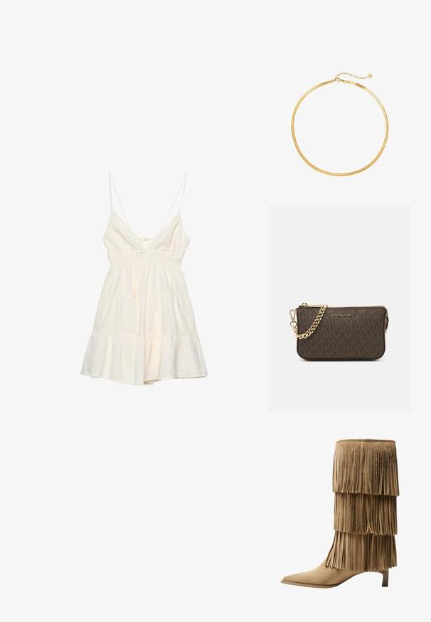 Helles Cremekleid mit dünnen Spaghetti-Trägern, tiefem V-Ausschnitt, gerafftem Taillenbereich und gestuftem Rüschensaum. Aus einem strukturierten Baumwollgemisch gefertigt.; Fransen-Stiefelette aus taupefarbenem Wildleder mit drei Lagen Fransen. Spitz zulaufende Zehenpartie und ein niedriger Blockabsatz. Durchgehend glatte Oberfläche.; Braune Leder-Crossbody-Tasche mit Logo-Muster, goldener Kettenriemen, Reißverschlussverschluss und goldenen Hardware-Details. Kompakte und rechteckige Form.; Goldmesh-Choker-Halskette mit flachem, flexiblem Design. Verfügt über eine Kettenverlängerung für anpassbare Länge. Glatte Textur, minimalistischer Look.