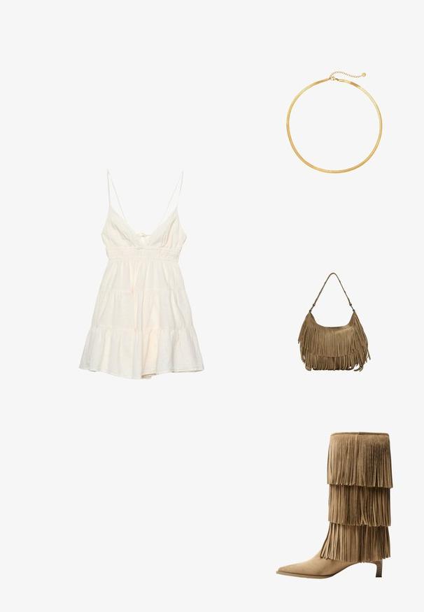 Light cream sundress with thin spaghetti straps, a deep V-neck, smocked waist, and tiered ruffle skirt. Made from a textured cotton blend.; Fringe ankle boot in tan suede with three layered fringes. Pointed toe and a low block heel. Smooth texture throughout.; Brown suede handbag with long fringe details, a curved shape, and a single shoulder strap. Features a smooth, textured surface.; Gold mesh choker necklace with a flat, flexible design. Features a chain extension for adjustable length. Smooth texture, minimalist look.