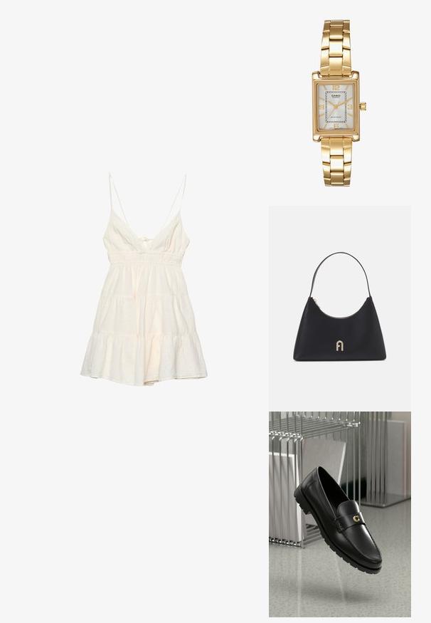 Robe d'été légère en crème avec des bretelles spaghetti fines, un décolleté en V profond, une taille smockée et une jupe à volants superposés. Fabriquée à partir d'un mélange de coton texturé.; Mocassins en cuir noir avec une couture surélevée, logo doré en accent et sangle texturée. Comportent une semelle en caoutchouc épaisse et durable.; Sac à main en cuir noir avec une forme arrondie, une courte poignée, des accessoires en or et une fermeture éclair en haut. Présente un accent de logo à l'avant.; Montre-bracelet rectangulaire dorée avec un cadran blanc, des index horaires argentés et un bracelet en métal durable. Fonction étanche incluse.