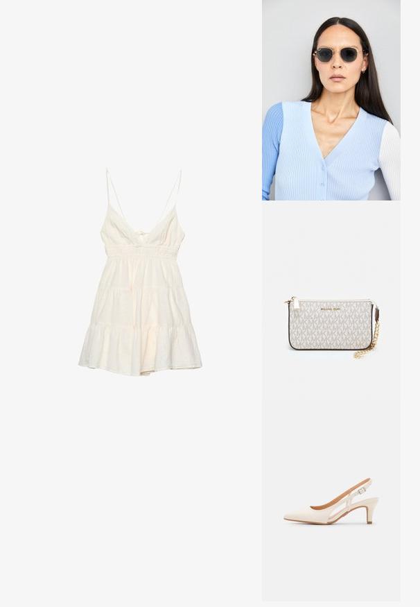 Light cream sundress with thin spaghetti straps, a deep V-neck, smocked waist, and tiered ruffle skirt. Made from a textured cotton blend.; White slingback heel with a pointed toe, smooth upper material, low block heel, and side cut-out design with adjustable buckle strap.; Round sunglasses with dark lenses and gold frames. The model wears a light blue, ribbed cardigan with buttons and contrast white sleeves.; Michael Kors wristlet in beige coated canvas featuring a repeating MK logo pattern, gold hardware, and a detachable chain strap.