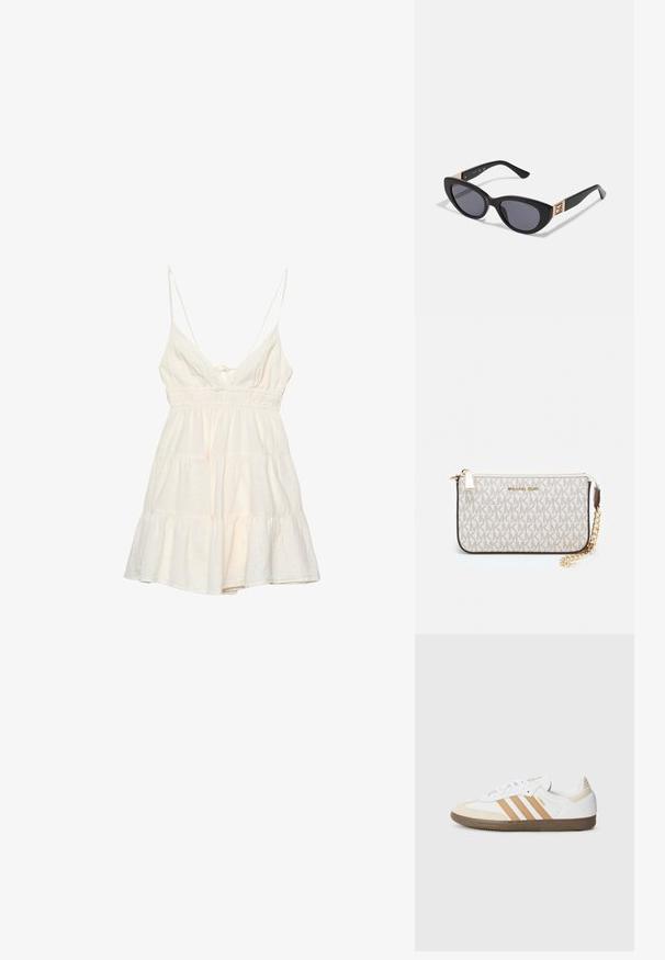 Abito estivo chiaro in crema con sottili spalline, scollatura a V profonda, vita arricciata e gonna a strati con volants. Realizzato in un tessuto di cotone testurizzato.; Scarpe da ginnastica bianche in pelle con dettagli in suede beige e tre strisce bianche. Presentano una suola in gomma marrone testurizzata e un dettaglio del logo dorato.; Guess Occhiali da sole - shiny black; Wristlet Michael Kors in tela rivestita beige con motivo a logo MK ripetuto, hardware dorato e tracolla a catena staccabile.