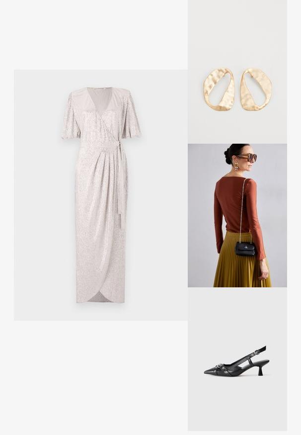 Mirdzoša sudraba apķeršanās kleita ar plandošām piedurknēm, līdz ceļiem, ar saistību jostu un smalku struktūru, lai pievienotu papildu detaļas.; Melnas ādas šlipsveida kurpes ar norādītu purngalu, dekoratīvām joslām ar metāla acīm un zemu bloku papēdi. Teksturēta virsma.; Vivienne Westwood SMALL PURSE CHAIN - Plecu soma - black; Pāris neregulāras ovālas formas zelta toņos metāla auskaru ar teksturētu, nedaudz sitētu virsmu uz baltas fona.