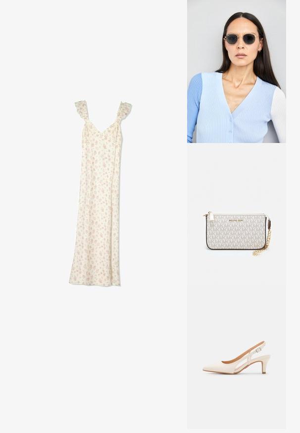 Hosszú fehér ruha kicsi rózsaszín virágmintával, fodros vállpántokkal és V-nyakkivágással.; Fehér slingback sarok, hegyes orral, sima felső anyaggal, alacsony blokk sarkával és oldalsó kivágott dizájnnal, állítható csatpánttal.; Kerek napszemüveg sötét lencsékkel és arany kerettel. A modellen világoskék, bordázott kardigán van gombokkal és kontrasztos fehér ujjaival.; Michael Kors bézs bevonatos vászon karkötő, amely ismétlődő MK logó mintával, aranyszínű fémrészletekkel és levehető lánchordóval rendelkezik.
