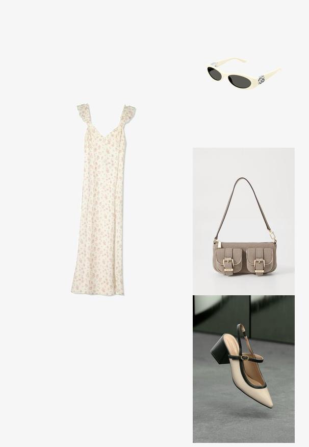 Dolga bela obleka z malimi rožnatimi cvetličnimi vzorci, nabranimi naramnicami in izrezom v obliki črke V.; Bežna slingback čevlja z uskim sprednjim delom, črnimi detajli, zlatim zaponko in debelim blokovskim peto na sivi tleh s temno zeleno ozadje.; Svetlo bež očala za sonce z ovalnimi lečami, črno zaščito in kovinskimi logotipnimi akcenti na tempeljih. Gladka tekstura, dizajn v obliki mačjih oči.; Bežna teksturirana torba z nastavljivim trakom, z dvema sprednjima žepoma, zaklenjenima s sponkami, ter z zlatimi kovinskimi dodatki. Zadrga na vrhu.