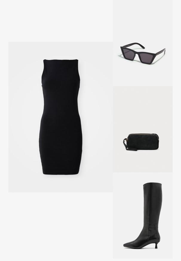 Must musträtik kleit ilma varrukateta, ümmarguse kaelusega, valmistatud siledast kangast, millel on liibuva silueti ja põlvekohale ulatuv disain.; Zign Saapad - black; Mustad mustrakellad, millel on hallid šabloonid; valmistatud plastist, paksude ja siledate kätega, ilma nähtava riistvarata.; Mustan sametist käsipakiga kotike, millel on tõmblukuga sulgemine ja eemaldatav randme rihm. Omab kuldse tooni riistu ja sileda, mati tekstuuri.