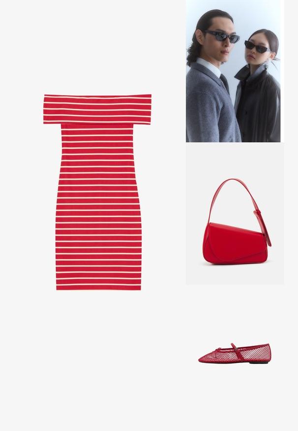 Czerwona i biała, w paski, sukienka o dopasowanym kroju, bez ramiączek, z teksturą prążkowaną. Posiada poziome paski na całej powierzchni.; Czerwone siateczkowe baletki z ostro zakończonym noskiem, z cienkim paskiem i zapięciem. Wierzch ma otwarty, plasterkowy wzór.; Okulary przeciwsłoneczne z kanciastymi czarnymi oprawkami na modelu w szarym swetrze, prezentujące teksturowany dzianinowy materiał oraz czarną skórzaną kurtkę noszoną przez innego modela.; Czerwona skórzana torebka o kanciastym, geometrycznym designie. Posiada jedną regulowaną rączkę oraz zapięcie na klapę z przeszyciami.