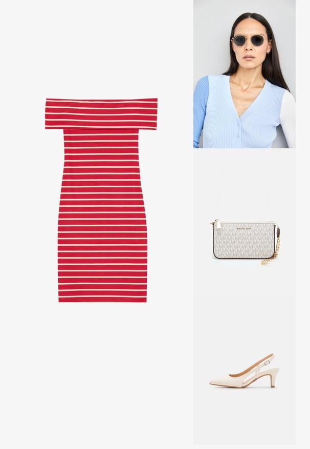 Rochie bodycon cu bretele căzute, în dungi roșii și albe, cu o formă ajustată și textură ribbed. Prezintă dungi orizontale pe întreaga suprafață.; Sandaie cu toc alb, cu vârful ascuțit, material superior neted, toc mic tip bloc și design cu decupaj lateral, cu curea ajustabilă.; Ochelari de soare rotunzi cu lentile întunecate și rame aurii. Modelul poartă un cardigan ribbed de culoare albastru deschis cu nasturi și mâneci albe în contrast.; Clutch Michael Kors din canva acoperit bej, cu un model repetitiv al logo-ului MK, accesorii din aur și o curea cu lanț detașabil.