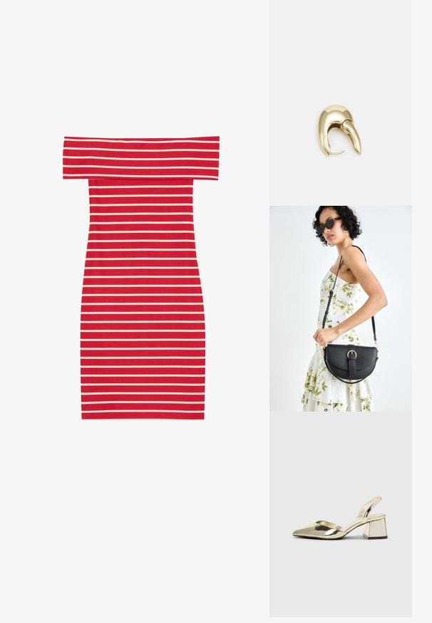 Rot-weißer, gestreifter Off-Shoulder-Bodycon-Kleid mit taillierter Form und gerippter Textur. Enthält horizontale Streifen überall.; Goldene, metallische Slingback-Absätze mit spitzem Zeh und dicker Ferse. Glatte Textur, minimalistisches Design und ein schmaler Riemen.; Schwarze Lederhandtasche mit geschwungener Form, abnehmbarem Tragegurt und goldenen Beschlägen. Die Tasche verfügt über einen Deckel mit einer Schnallen-Details.; Ohrringe aus goldfarbenem Metall mit einem schlanken, geschwungenen Design. Sie verfügen über eine markante, spitze Form, eine polierte Oberfläche und einen Scharnierverschluss.