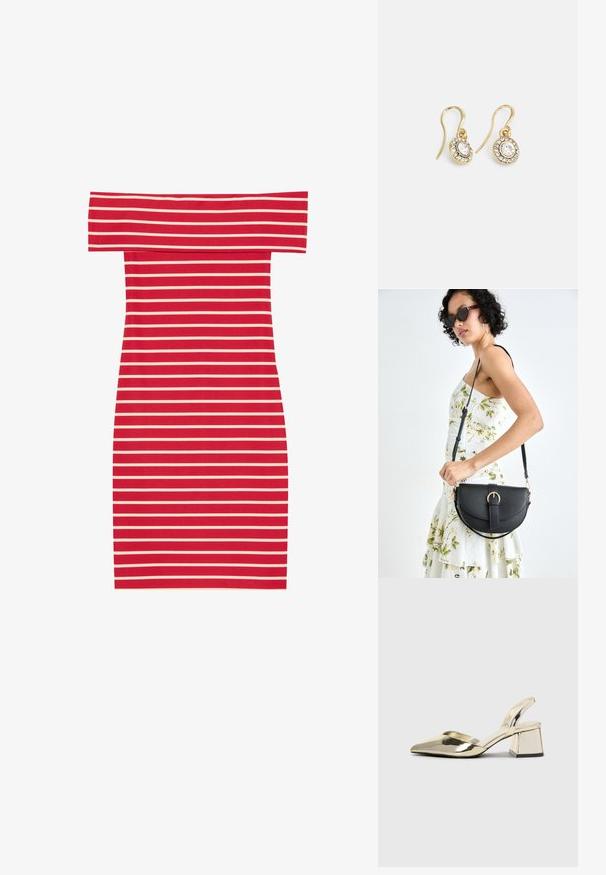 Czerwona i biała, w paski, sukienka o dopasowanym kroju, bez ramiączek, z teksturą prążkowaną. Posiada poziome paski na całej powierzchni.; Złote, metaliczne szpilki z boku z wydłużonym noskiem i grubym obcasem. Gładka faktura, minimalistyczny design i wąski pasek.; Czarna skórzana torebka o zakrzywionym kształcie, z odpinanym paskiem i złotymi akcentami. Torebka posiada klapę z zapięciem w kształcie klamry.; Złote kolczyki z owalnymi przezroczystymi kryształami otoczonymi mniejszymi przezroczystymi kamieniami, z zapięciem w formie haka zapewniającym bezpieczne noszenie.