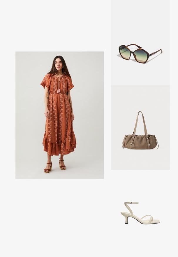 Odd Molly HELEN - Robe longue - rusty taupe; Sandale beige à brides avec un bout carré, une fine bride de cheville et un talon carré de 5 cm. Matériau en cuir lisse avec une semelle noire contrastante.; Lunettes de soleil en écaille de tortue marron avec une monture large et angulaire et des verres dégradés passant de foncé à clair, comportant des accents métalliques.; Sac à main en daim marron avec un haut froncé, accents en métal argenté et deux poignées. Il présente une forme rectangulaire et un design minimaliste.