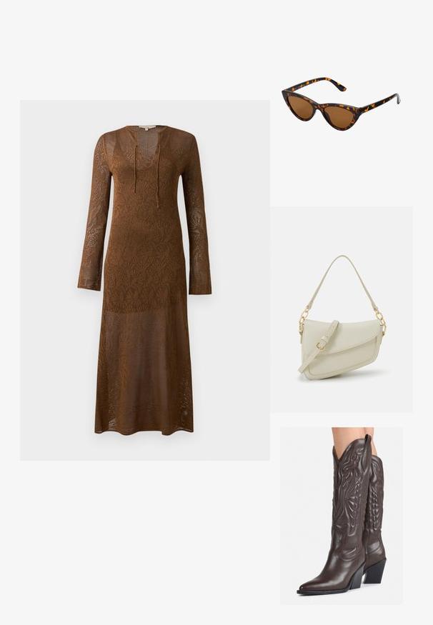 Brun, langermet kjole laget av blonderstrikket stoff, med dyp V-hals og knytedetalj. Mønstret tekstur strekker seg gjennom hele plagget.; Brune skinncowboystøvler med spiss tå og blokkhelt, med detaljerte sømmer og hevede detaljer på skaftet.; Kattøye solbriller med en svart og oransje skjellramme, brune linser og elegante, spisse tupper. Har en minimalistisk logo på stangen.; Liten kremfarget håndveske med teksturert overflate, lang justerbar stropp, kjedeakenter og klaffelukking. Detaljer i gullfarge.