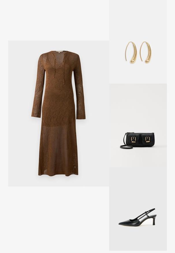 Smeđa, dugih rukava haljina od čipkastog pletenog materijala, s dubokim V-izrezom i detaljem vezanja. Uzorak teksture proteže se kroz cijelu haljinu.; Crne lakirane slingback pete s oštrim vrhom, s teksturiranim uzorkom zmijske kože, podesivom remenom i kratkom, teksturiranom blok-petom.; Crna kožna torba preko ramena s dva prednja džepa, zlatnim kopčama, zatvaranjem na zip i uskim remenom. Teksturirana površina i kompaktan pravokutan oblik.; Zlatne metalne naušnice u obliku obruča s zakrivljenim, izduženim oblikom. Imaju glatku, sjajnu površinu i zaobljeni vrh za dodatni detalj.