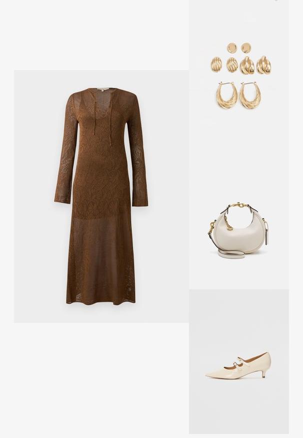 Hnedé, dlhé šaty s dlhým rúchom vyrobené z čipkovaného pleteného materiálu, s hlbokým výstrihom do V a detailom viazania. Vzorovaná textura sa tiahne celým odevom.; Béžové lakované Mary Jane topánky s dvoma nastaviteľnými prackami, špicatou špičkou a nízkym podpätkom. Hladká textura s lesklým povrchom.; Krémy kožená kabelka v polmesiacom tvare, so zlatou hardvérou, čiernymi akcentmi a odnímateľným popruhom. Obsahuje reťazový detail a tag.; Sada náušníc v zlatej farbe, ktorá obsahuje tri páry: textúrované oválne naušnice, naušnice so zvlneným dizajnom a veľké kruhové náušnice s vrstvenými drážkami.