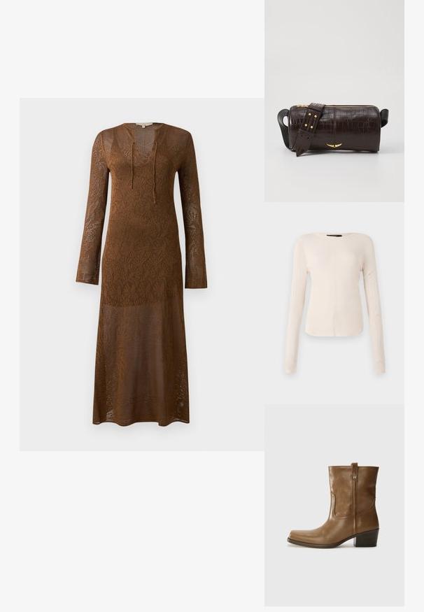 Brun langærmet kjole lavet af blonde strikket stof, med en dyb V-udskæring og bånd detalje. Mønsteret strækning går gennem hele beklædningen.; Langærmet, lys beige top med rund halsudskæring. Lavet af blødt stof, har en central søm og let buet kant. Der er ingen synlige metaldele.; Brun læder ankelstøvle med firkantet tå, tekstureret overflade og en lav stablet hæl. Har en bageste hælflap og subtile syningsdetaljer.; Brun krokodilleder taske med cylindrisk form, hardware i guld-tone, og en aftagelig rem med nitter.