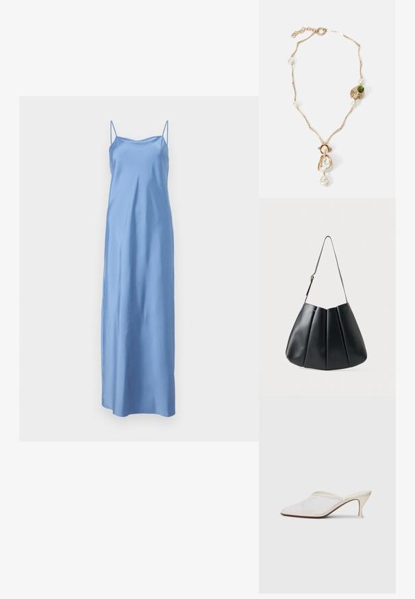 Kék selyem maxi ruha vékony spagetti pántokkal, sima textúrával és egyenes sziluettel, amelyet folyékony illeszkedéshez terveztek.; Fehér hálós, hegyes orrú mules cipő, vékony, középmagas sarkával és slip-on kialakításával, egyszerű háttér előtt.; Fekete bőr válltáska redőzött dizájnnal, sima textúrával, egyetlen pánttal és egy diszkrét arany hardver kiemeléssel.; Arany színű nyaklánc csavart láncszemekkel, fehér gyöngyökkel és zöld kő díszítéssel. Bonyolult részletekkel rendelkezik, és zárómechanizmussal van ellátva.