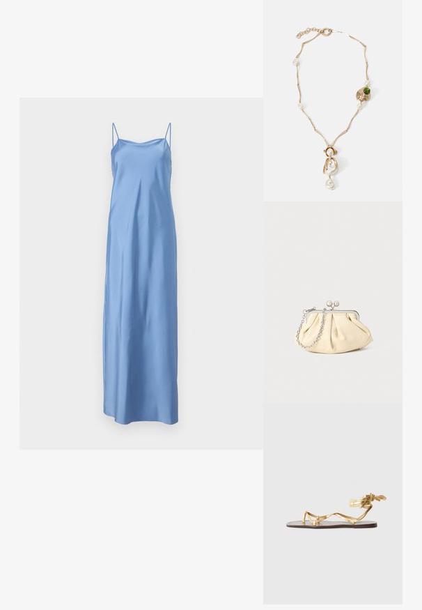 Modrá saténová maxi šaty s tenkými ramienkami, s hladkou textúrou a rovnou siluetou, navrhnuté pre voľný strih.; Plochá sandal s zlatým metalickým finišom, tenkými pásikmi a viazaním. Sól je vyrobený z hnedej kože s minimálnym dizajnom.; Zhlý béžový kožený klobúk so strieborným kovovým rámom, ktorý má dve okrúhle dekoratívne zámky a strieborný reťazový popruh.; Zlatý náhrdelník s prepletenými článkami, bielymi perlami a akcentom z zelenej kamene. Obsahuje zložitú detailnú prácu a zapínanie na zámok.