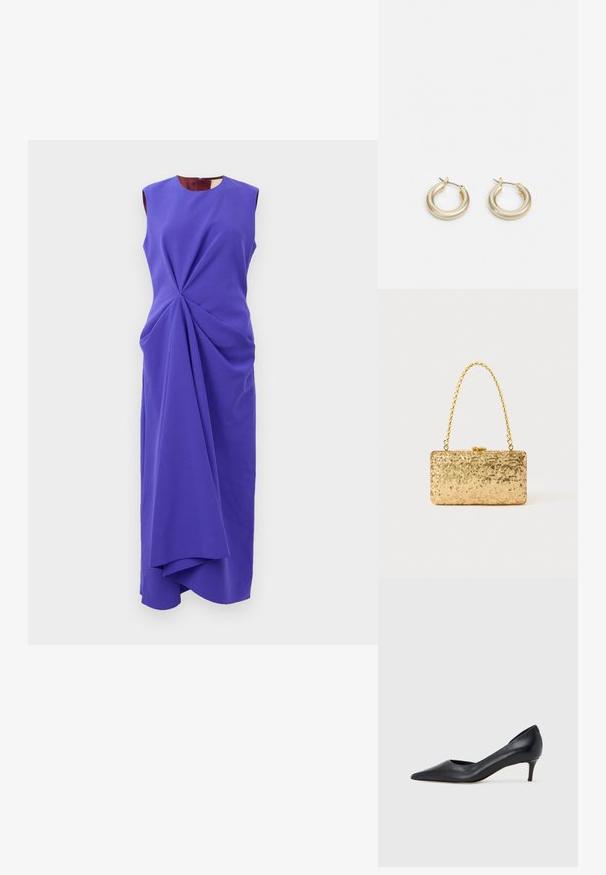 Vestido midi roxo sem mangas com pregos drapeados assimétricos que começam na cintura, apresentando uma gola redonda e uma silhueta ajustada.; Sapato de salto alto preto em pele com bico fino e salto baixo. Apresenta uma textura suave e brilho subtil. Corte aberto na parte da frente para um detalhe adicional.; Clutch dourada em lantejoulas com formato retangular, apresentando uma alça de corrente torcida e um fecho de metal, refletindo a luz com um acabamento texturizado.; Lauren Ralph Lauren BASIC SMALL HOOP - Brincos - gold-coloured