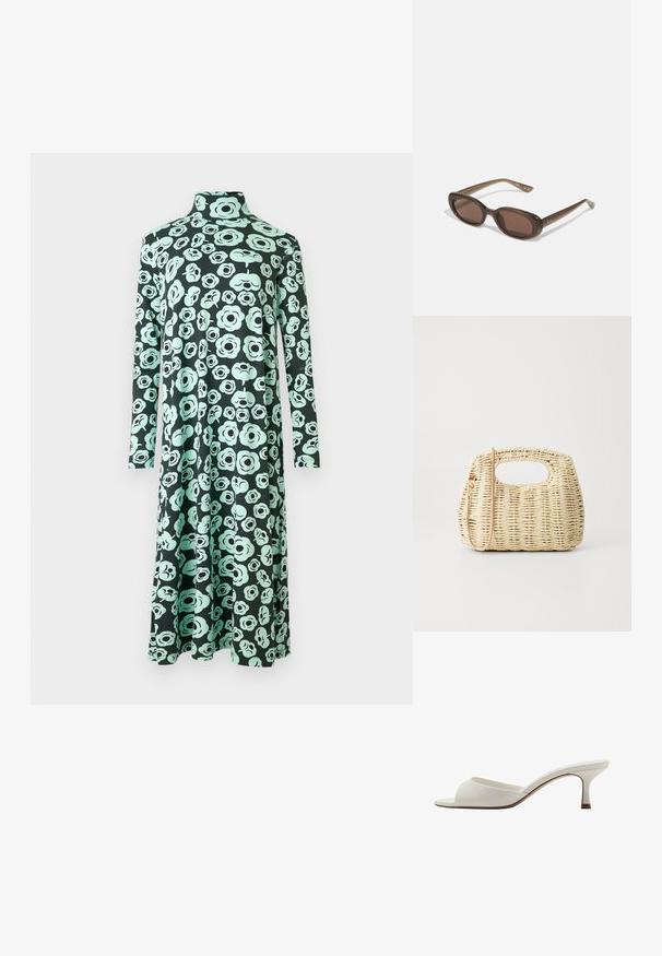Jurk met lange mouwen en hoge halslijn, met een uitlopende zoom, uitgevoerd in een zwarte basis met een licht teal abstract bloemmotief.; Witte open-toed hoge hakken met een gladde afwerking, minimalistisch ontwerp en een slanke hak, met een subtiele bruine accent op de zool.; Brown ovalen zonnebrillen met donkere lenzen. Het montuur is gemaakt van doorzichtig bruin materiaal en heeft een logo dat op de slapen is gedrukt.; Gewoven strohandtas in lichtbeige met een ronde vorm, open bovenkant en een afneembare schouderband. Opvallende textuur en ingewikkeld vlechtpatroon.
