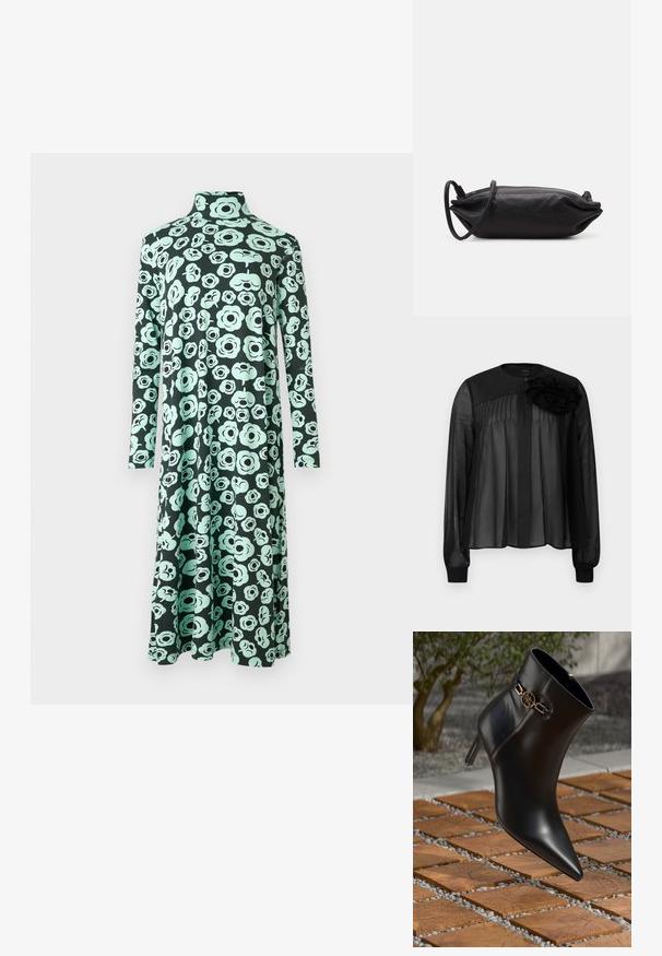 Vestido de manga comprida e gola alta com barra evasê, com base preta e padrão floral abstrato em verde água claro.; Blusa preta com mangas longas transparentes, apresentando pregas frontais e um detalhe de flor em tecido em camadas no ombro esquerdo. Fecho por botão no pescoço.; Bota de tornozelo em couro preto com bico fino e salto pequeno. Apresenta um detalhe em corrente dourada no tornozelo. Cercada por uma superfície de pedra texturizada.; Carteira de mão em couro preto com formato retangular, textura suave, alça de ombro fina e design minimalista.