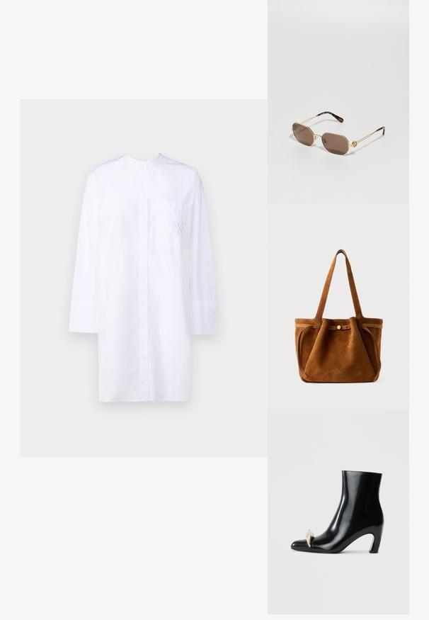 Witte blouse met lange mouwen, een voorzak met subtiele blauwe borduursels en een schoon, minimalistisch ontwerp.; Zwarte enkelboot van glanzend leer, met een spitse neus en een decoratieve gouden en zilveren accent aan de voorkant. Ontwerp met blokhak.; Tory Burch Zonnebril - shiny gold-coloured; Bruine suède totebag met dubbele handvaten, een knoopsluiting en een ontspannen, iets slonzige vorm.
