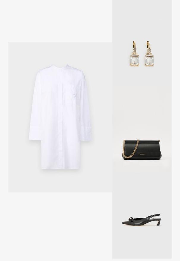 Chemise blanche à col classique avec des manches longues, une poche avant ornée d'une broderie bleue discrète et un design épuré et minimaliste.; Chaussure slingback en cuir noir avec un bout pointu, un petit talon et un détail de boucle décoratif sur le dessus. Texture lisse, design minimaliste.; Sac à main en cuir noir avec une bandoulière en chaîne dorée, présentant une texture lisse, une forme rectangulaire et une marque embossée à l'avant.; Boucles d'oreilles en or lumineux avec un cristal rectangulaire transparent pendent sous une rangée de petits accents ronds transparents. Design élégant et moderne.