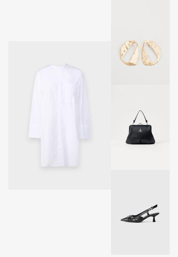 Balta marškinėlių apykaklė su ilgomis rankovėmis, priekinė kišenė su subtiliais mėlynais siuvinėjimais ir švarus, minimalistinis dizainas.; Juodas odinis slingback tipo batai su smailiu priekiniu atvartu, dekoratyvinėmis sagtimis su metaliniais akyčiais ir žemu blokiniu kulnu. Saldus paviršius.; Juodas odinis rankinės maišas su tekstūruota paviršiumi, sidabrinės spalvos detalės, užsegimas su spaustuku ir trumpa rankena nešimui. Kompaktiškas ir struktūrizuotas dizainas.; Nedidelis nereguliarus ovalo formos aukso tono metalinių auskarų pora su tekstūruota, šiek tiek kalta paviršiumi ant balto fono.