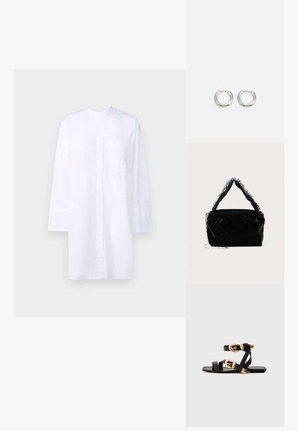 Chemise blanche à col classique avec des manches longues, une poche avant ornée d'une broderie bleue discrète et un design épuré et minimaliste.; Sandales en cuir noir avec des accents de boucles dorées, présentant plusieurs brides et un design de semelle plate pour un port ouvert.; Sac à main en simili cuir noir avec une finition texturée, doté d'un accent en perles argentées le long de la anse supérieure et d'une bandoulière en chaîne.; Boucles d'oreilles en argent à finition polie, présentant une forme circulaire et une fermeture à charnière, mettant en avant un design épuré et minimaliste.
