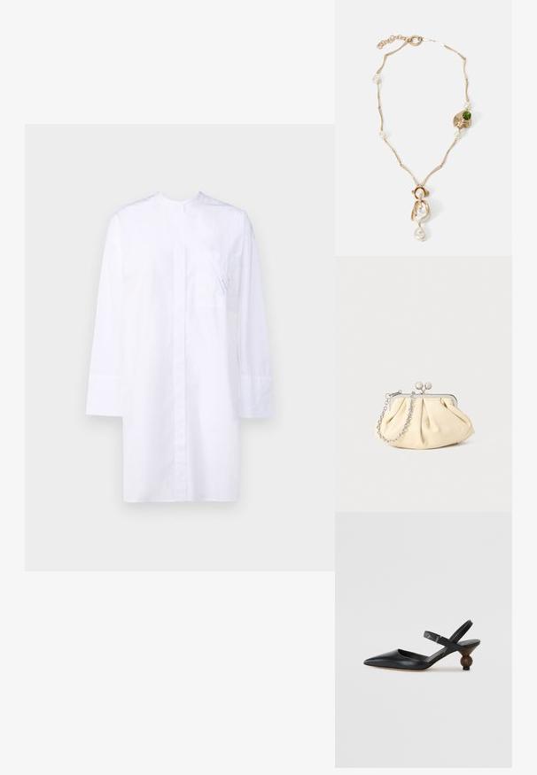 Biała koszula z długim rękawem, z kieszonką na przodzie, z subtelnym niebieskim haftem i czystym, minimalistycznym designem.; Czarne skórzane buty typu slingback z wąskim noskiem, zakrzywioną sylwetką i okrągłym, drewnopodobnym obcasem. Posiadają wąski pasek wokół kostki.; Złożona beżowa skórzana kopertówka z srebrną metalową ramą, z dwoma okrągłymi dekoracyjnymi zapięciami i srebrnym łańcuszkiem.; Złota naszyjnik z splotami, białymi perłami i akcentem zielonego kamienia. Posiada skomplikowane detale oraz zapięcie do zamykania.