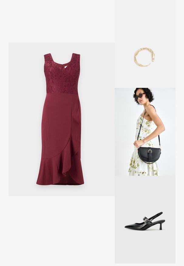 Burgundské šaty s čipkovou korzetou a bezrukávovým dizajnom, s roztiahnutým lemom a asymetrickou sukňou, s hladkou textúrou látky po celej ploche.; Čierne patentové kožené sandále na podpätku so špicatou špičkou a malým blokovým podpätkom, s dekoratívnou striebornou sponou na remienku.; Čierna kožená kabelka s zaobleným tvarom, odnímateľným popruhom a zlatými doplnkami. Kabelka má klopu s detailom s prackou.; Prsteň v zlatej farbe s organickým, skrúteným dizajnom, hladkým povrchom a zužujúcimi sa koncami, vytvárajúci moderný, sochársky vzhľad.