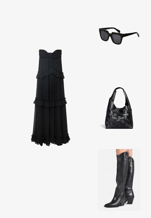 Črna breznaramnica maksi obleka z večplastnimi volančki in rahlo drapirano teksturo. Ima gleženjski zgornji del in flowing krilo.; Črne usnjene škornje do kolen s koničastim nosom, ukrivljenim steblom in debelim petkom. Imajo gladko teksturo in ušesca na vrhu.; Črne pravokotne sončna očala z debelimi plastičnimi okvirji in temnimi lečami. Ročaji so elegantni s sijočo površino in minimalnim blagovnim znakom.; Črna usnjena torba za rame s pletenim vzorcem in ohlapno obliko ter širokim naramnim trakom. Ima teksturiran, prepleten dizajn s gladkim zaključkom.