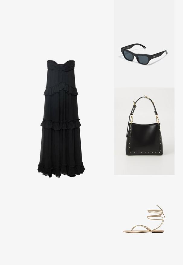 Czarna maxi sukienka bez ramiączek z warstwowymi falbanami i lekko drapowanym materiałem. Ma marszczoną górę i swobodnie opadający dół.; Złote płaskie sandały z cienkimi, spiralnymi paskami na kostkę, otwartym noskiem i minimalistyczną podeszwą. Posiadają gładkie, metaliczne wykończenie.; Czarne prostokątne okulary przeciwsłoneczne z szarymi soczewkami, grubą plastikową oprawką i złotym akcentem na zauszniku. Matowe wykończenie o gładkiej fakturze.; Czarna skórzana torebka o zbudowanej formie, z złotymi ćwiekami wzdłuż krawędzi oraz odpinanym paskiem z złotymi akcentami metalowymi.