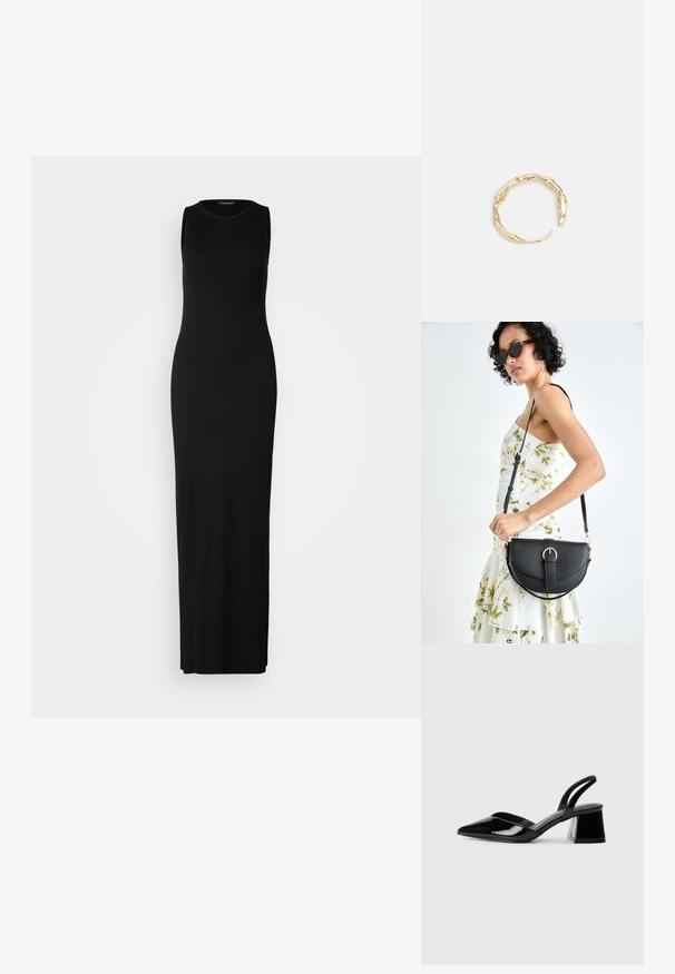 Svart ärmlös maxiklänning i mjukt, stretchigt tyg. Har rund halsringning och en figurnära silhuett som faller ner till anklarna.; Svarta lackläder slingback klackar med spetsig tå och geometrisk klack. Har en elegant, minimalistisk design och slät yta.; Svart läderhandväska med en böjd form, avtagbar rem och guldiga detaljer. Väskan har ett lock med en spänndetalj.; Ring i guldutförande med en organisk, vriden design, slät yta och avsmalnande ändar, vilket ger ett modernt, skulpturalt utseende.