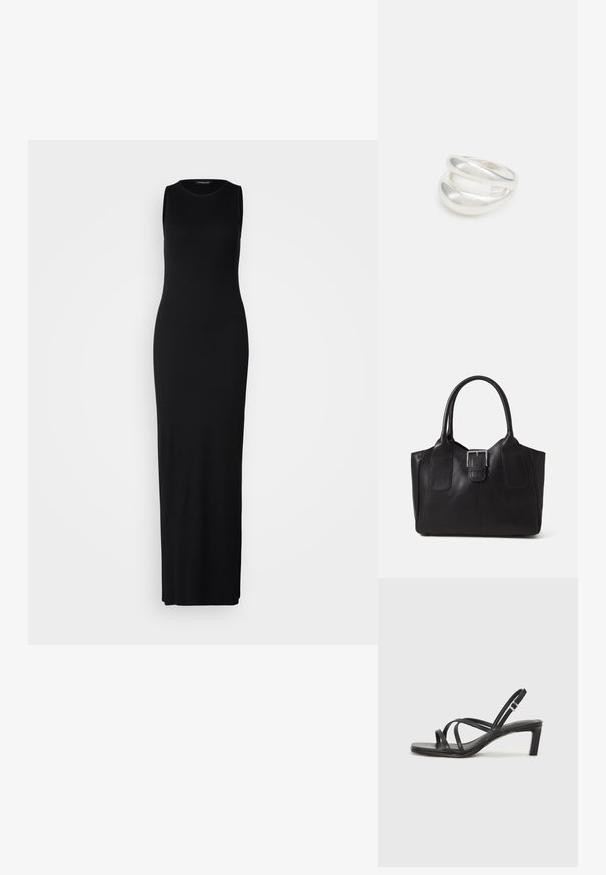 Schwarzes ärmelloses Maxikleid aus glattem, elastischem Stoff. Mit einem runden Halsausschnitt und einer figurbetonten Silhouette, die bis zu den Knöcheln fällt.; Schwarze Sandale mit Riemchen, quadratischer Zehenform und niedrigem Blockabsatz. Verfügt über mehrere dünne Riemen und einen verstellbaren Knöchelriemen. Hergestellt aus glattem Leder.; Schwarze Leder-Tote mit glatter Textur, strukturiertem Design, zwei Griffen und einem auffälligen silbernen Schnallen-Detail auf der Vorderseite.; Silberner Doppelring mit einer glatten, polierten Oberfläche. Verfügt über ein fließendes, kurviges Design mit überlappenden Abschnitten für einen modernen Look.