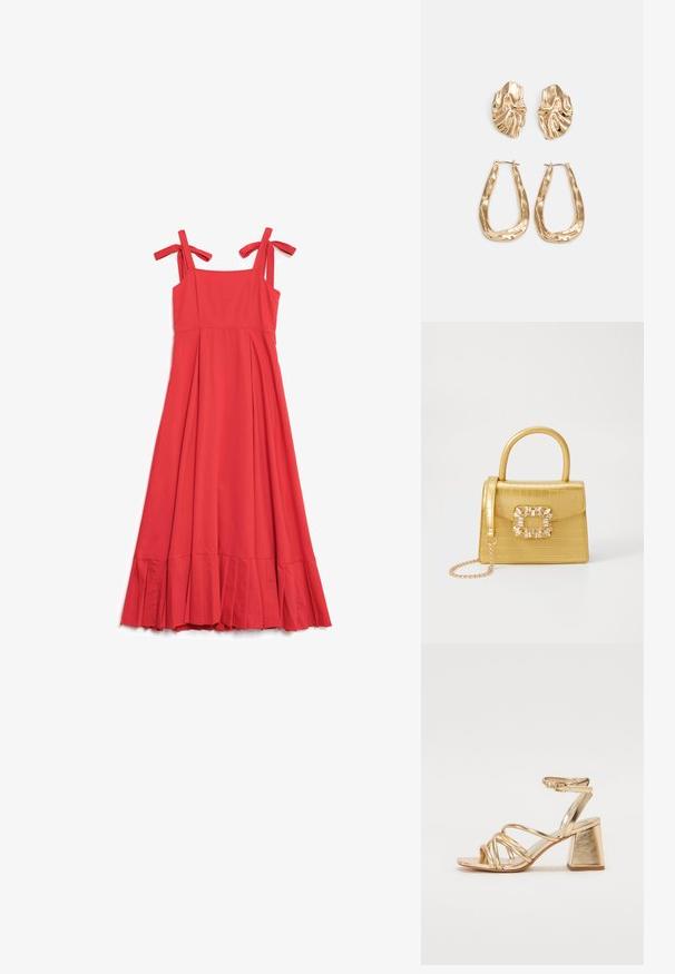 Vestido vermelho sem mangas com alças ajustáveis, bainha plissada e corpete justo. Tecido liso em uma cor sólida e vibrante.; Sandálias de salto alto metálico dourado com design em tiras, salto quadrado e tira no tornozelo ajustável com fivela. Textura suave.; Bolsa amarela em pele de crocodilo falsa, com um design estruturado, pega no topo, alça de corrente removível e decoração de cristal no fecho.; Brincos em tom de ouro com formas onduladas e texturizadas. Inclui studs escultóricos com presilha e um design de argola aberta com um acabamento martelado.