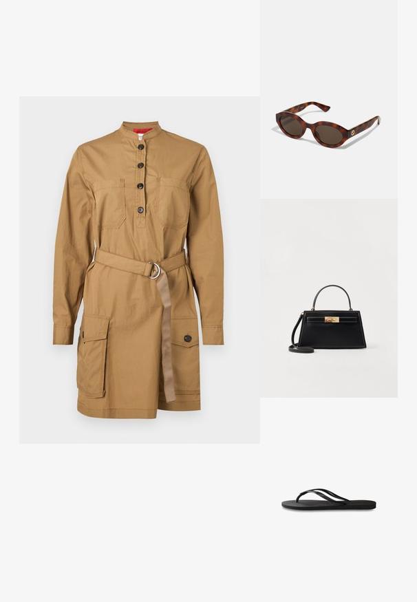 Šaty khaki farby s vysokým golierom, gombíkovou prednou časťou, vreckami na hrudi, opaskom v oblasti pása a dvoma bočnými vreckami. Vyrobené z ľahkej tkaniny.; Čierne žabky s textúrovanou gumovou podrážkou, dvoma štíhlymi popruhmi a diskrétnym embosovaným logom na popruhu.; Žlté slnečné okuliare s okrúhlymi rámami, tmavými sklami a zlatými logovými detailmi na straniciach. Hladký plastový materiál, bez viditeľných vzorov.; Čierna kožená kabelka so štruktúrovaným trapezoidným tvarom, zlatým kovovým uzáverom a kontrastným bielym prešívaním. Obsahuje krátku rúčku a dlhý remienok.