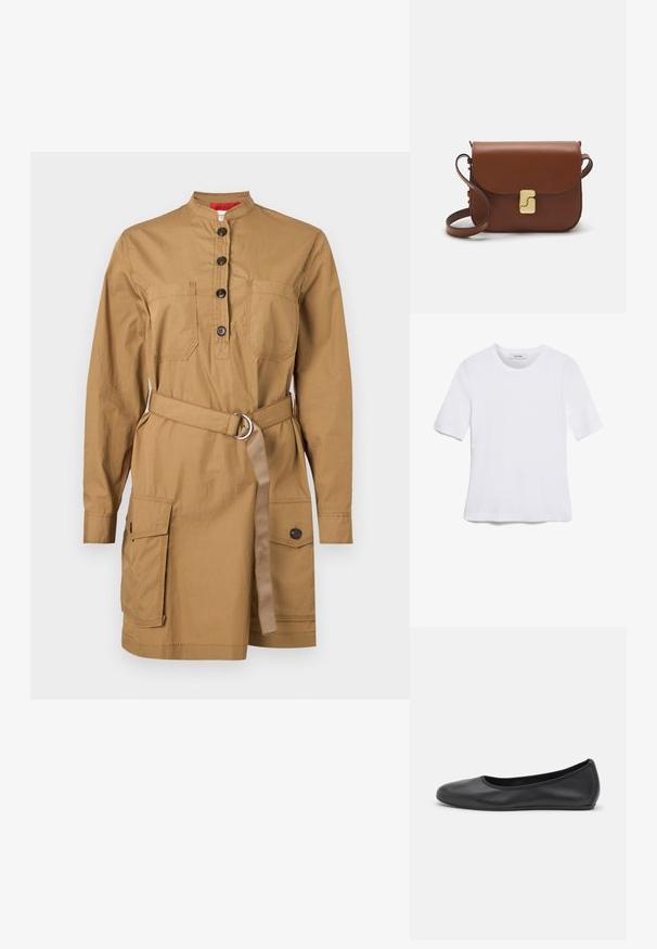 Šedá užitková šaty s vysokým límcem, knoflíkovou přední částí, náprsními kapsami, páskem v pase a dvěma postranními kapsami. Vyrobeno z lehkého materiálu.; Bílá tričko s krátkým rukávem vyrobené z žebrované tkaniny. Kulatý výstřih, normální střih a jemné detaily šití. Bez vzorů nebo grafik.; Černé kožené baletní byty s kulatou špičkou, hladkou texturou, minimálními švy a flexibilním designem podrážky.; Hnědá kožená kabelka s klopou, zlatými kovovými detaily, ramenním popruhem a hladkým povrchem. Kompaktní obdélníkový tvar.