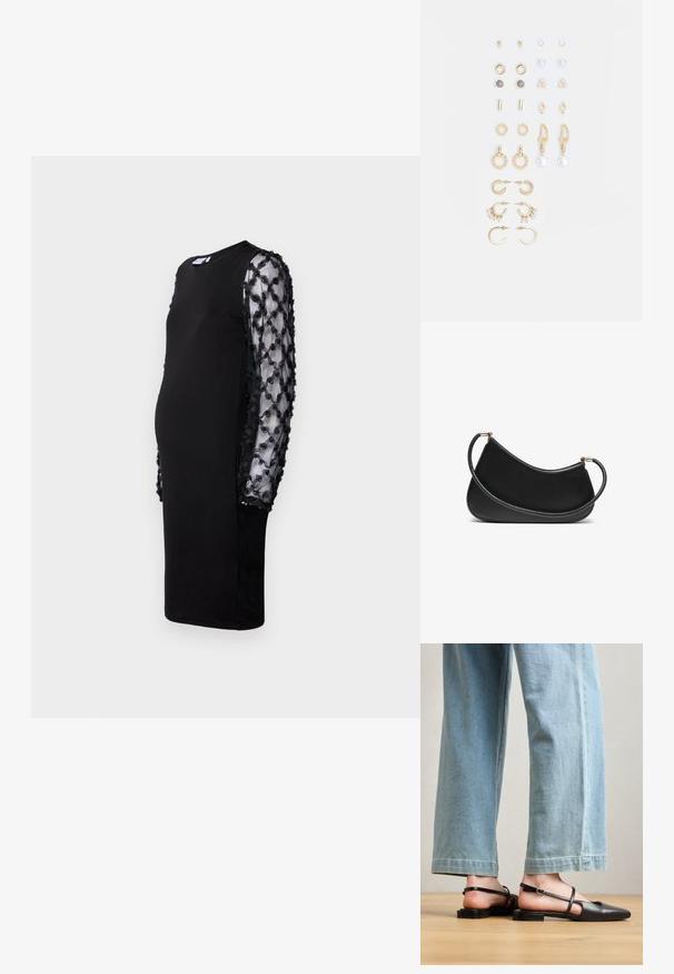 Černé šaty s pevným tělem a průhlednými černými rukávy s vyvýšenými květinovými aplikacemi. S kulatým výstřihem a střední délkou.; Černé kožené boty na klínku s špičatou špičkou, plochým podpatkem a páskem kolem kotníku; nošeny s světle modrými širokými kalhotami.; Černá kožená kabelka přes rameno s zakřiveným designem, se strukturovaným popruhem a zlatým kováním na horním uzávěru. Hladký povrch.; Sada náušnic ve zlatém tónu s různými designy, včetně pecek, kruhů a visacích kousků s perlami a rhinestony.