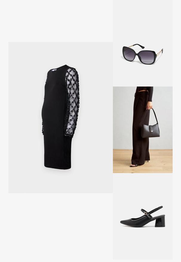 Vestido preto com corpo sólido e mangas transparentes pretas apresentando apliques florais em relevo. Decote redondo e design de comprimento médio.; Sabrinas de cerâmica preta com salto bloco, bico apontado e um design com recortes arredondados. Apresenta um detalhe em fivela de tom dourado.; Óculos de sol oversized pretos com lentes degradê, armações grossas e detalhes em corrente dourada nas hastes.; Bolsa preta com forma estruturada, textura suave e um fecho metálico. Combinada com calças largas pretas e sandálias de salto aberto sobre um chão de madeira.