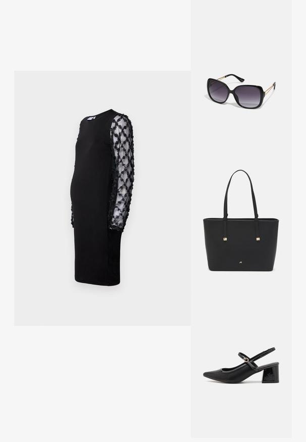 Melns kleita ar cietu virsotni un caurspīdīgām melnām piedurknēm, kurās ir izšūtas ziedu aplikācijas. Apaļš kakls un vidēja garuma dizains.; Melns patentēts ādas sandales ar norādīta pirksta formu, noapaļotu izgriezuma dizainu un bloķētu papēdi. Iezīmēta ar zelta toņa sprādzi.; Melni pārmērīgi lieli saulesbrilles ar gradāciju lēcām, biezām rāmja malām un zeltainas krāsas ķēžu detaļām uz tempļiem.; Melnā somiņa, kas izgatavota no sintētiska materiāla, ar vienkāršu taisnstūra formu, zelta kvadrātveida akcentiem un divām rokturiem.