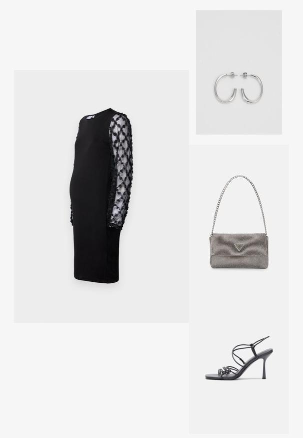 Abito nero con corpino solidale e maniche nere trasparenti, decorate con applicazioni floreali in rilievo. Collo a giro e design di lunghezza media.; Sandali neri con tacco alto presentano sottili cinturini con design annodato, una punta quadrata liscia e un elegante tacco a spillo.; Borsa a mano metallica grigia chiara con tracolla a catena, impreziosita da piccoli chiodi metallici circolari e da un logo triangolare del marchio.; Orecchini a cerchio in argento con una finitura liscia e lucente. Forma arrotondata, design leggero, con chiusura a perno.