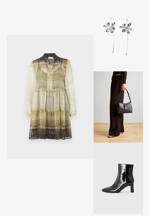 Chiffonkleid mit kragenförmigem Ausschnitt, langen Ärmeln und schichtweisem Design. Es hat ein mehrfarbiges Muster in Grün und Braun mit variierender Transparenz.; Schwarzer Lackleder-Stiefelette mit spitzer Zehe und einem mittelhohen Blockabsatz. Glatte Textur und minimalistisches Design.; Schwarze Handtasche mit strukturierter Form, glatter Textur und einem metallischen Verschluss. Kombiniert mit weiten schwarzen Hosen und offenen Sandalen auf einem Holzboden.; Silberne blumenförmige Ohrringe mit strukturiertem Finish, die lange Haken und blütenblattartige Details für ein filigranes Design aufweisen.