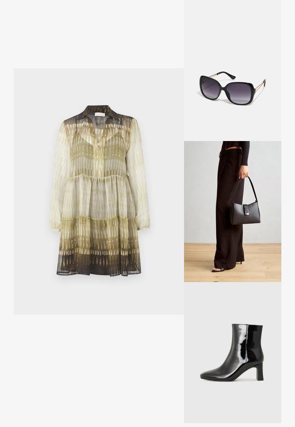 Chiffon-mekko, jossa on kauluksellinen pääntie, pitkät hihat ja kerroksellinen muotoilu. Ominaisuuksina monivärinen vihreä ja ruskea kuvio, jossa on vaihteleva läpinäkyvyys.; Musta patenttilakattu nilkkuri, jossa on terävä kärki ja keskipitkä lohkarekorko. Silkkinen pinta ja minimalistinen muotoilu.; Mustat ylisuurten kehysten aurinkolasit, joissa on liukuväri-linssit, paksut kehykset ja kultasävyiset ketjustuskoristeet temppeleissä.; Musta käsilaukku, jossa on rakenteellinen muoto, sileä pinta ja metallinen solki. Yhdistetty leveisiin mustiin housuihin ja avonaiheisiin sandaaleihin puulattialla.