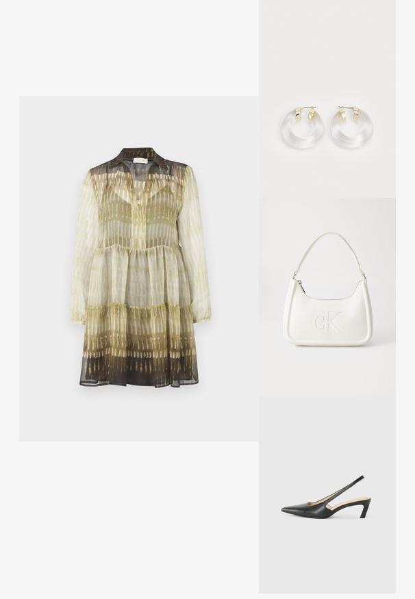 Chiffonkjole med krage, lange ermer og et lagdelt design. Har et flerfarget mønster i grønt og brunt med varierende gjennomsiktighet.; Svart spiss tå slingback-sko med lav hæl, laget av jevnt skinnmateriale og med utskåret design på siden for pusteevne.; Hvit lærveske med en buet fasong, med et preget "CK"-logo på forsiden og en enkel skulderstropp. Glidelåslukking på toppen.; Klare akrylringer med gullfarget metalldetaljer og en polert finish. Har en jevn, sirkulær design.